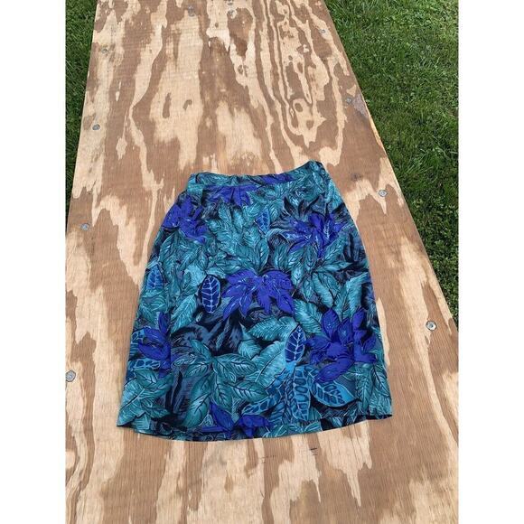 Vintage Kasper ASL Womens Silk Skirt Size 6 Blue Green Floral Leaves Tropical - Picture 5 of 6